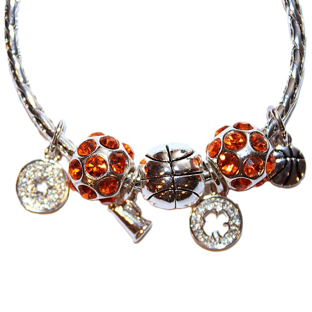 DaVinci Charm Bracelet 7" w/ 7 Beads - Basketball Sports Star Cheer Orange CZ